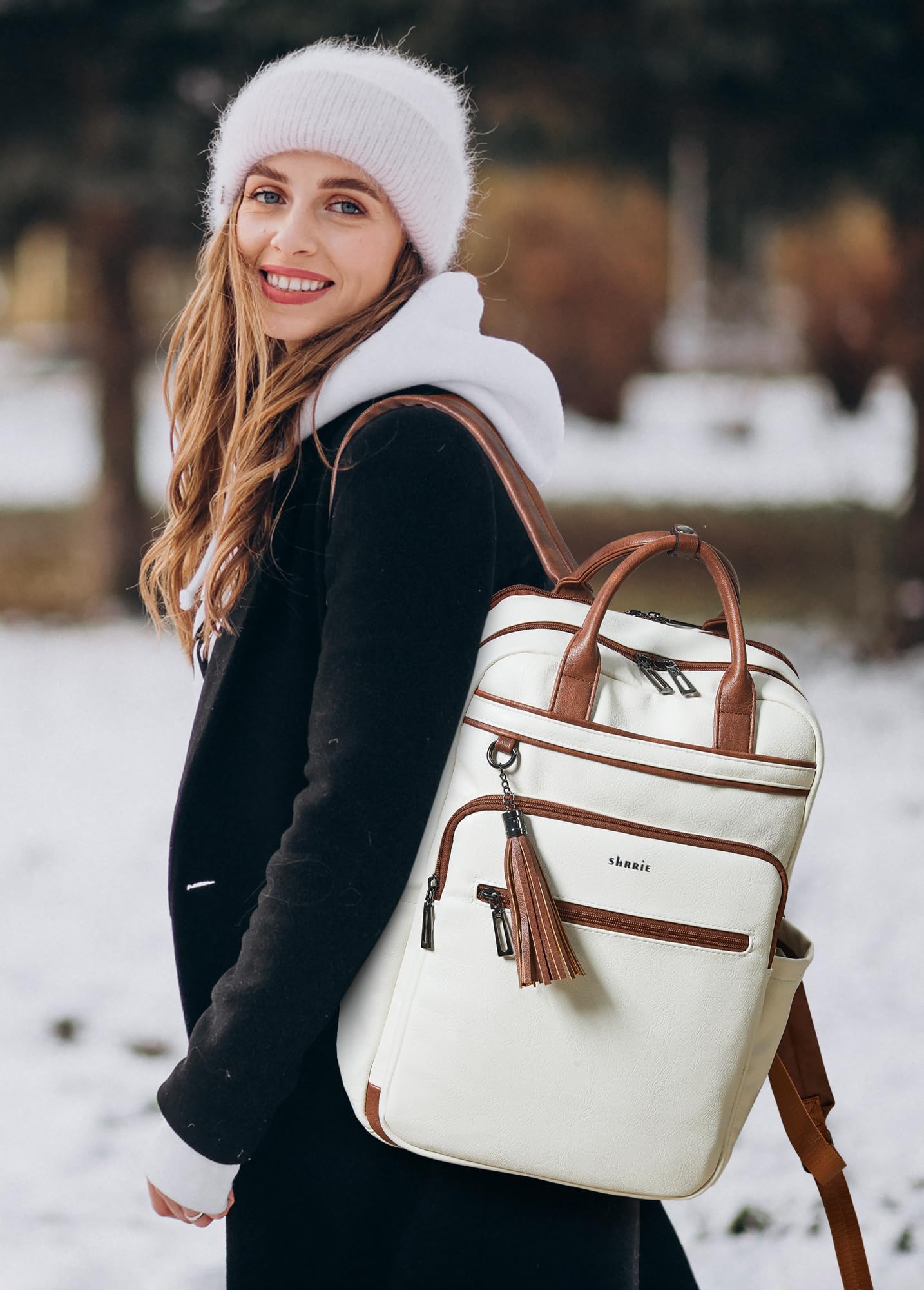 Shrrie Mochila para portátil de 15,6 pulgadas para mujer, mochila de viaje de cuero, mochila de trabajo para computadora de negocios y universidad