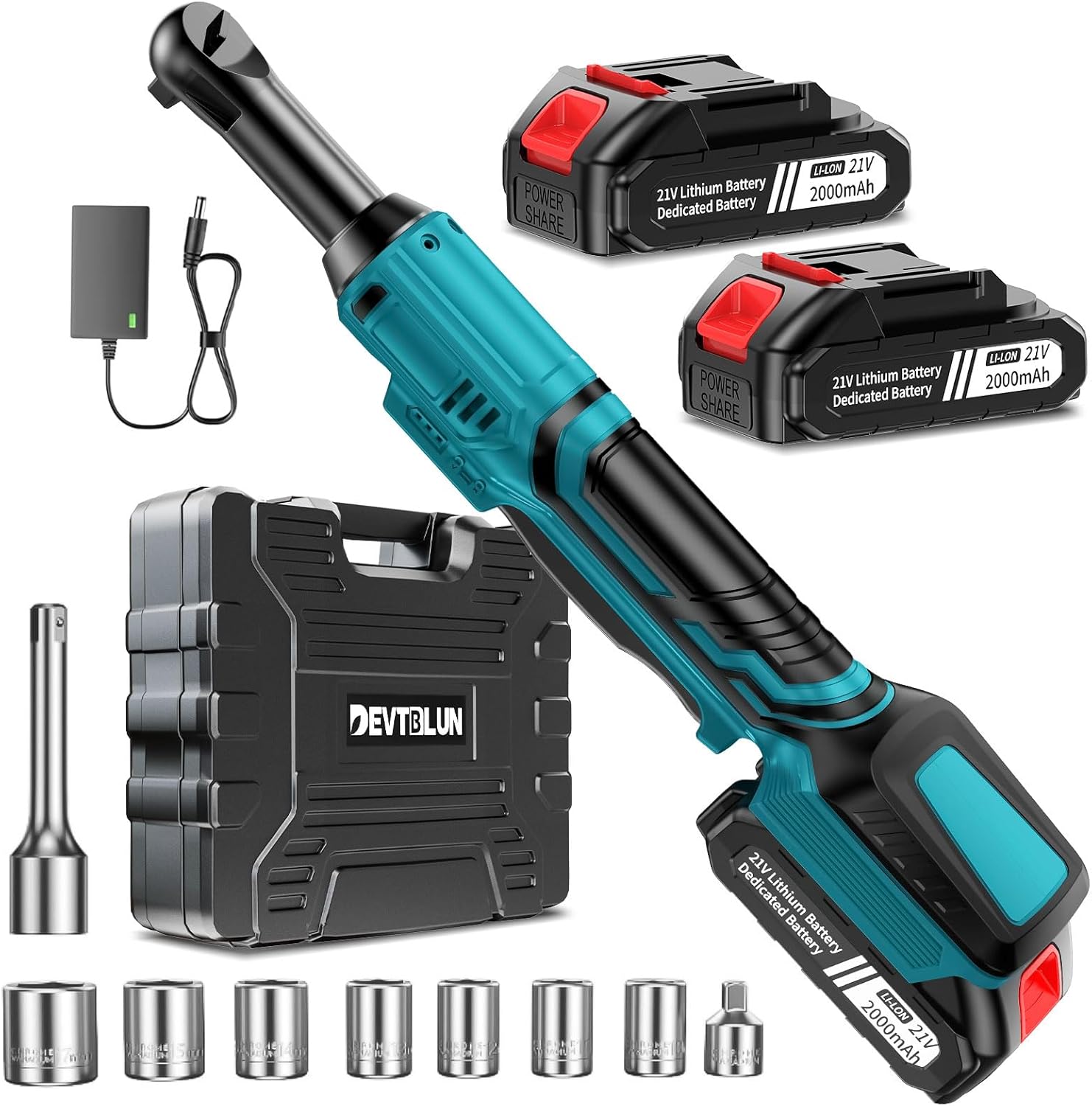 21V Electric Ratchet Wrench Set,60FT-LBS (80N.m) Extended Cordless Ratchet Wrench with 2x 2.0Ah Battery,3/8" 400 RPM Variable Speed Power Ratchet Driver Set with 7 Sockets,1/4 Adaptor, 3"Extension Bar