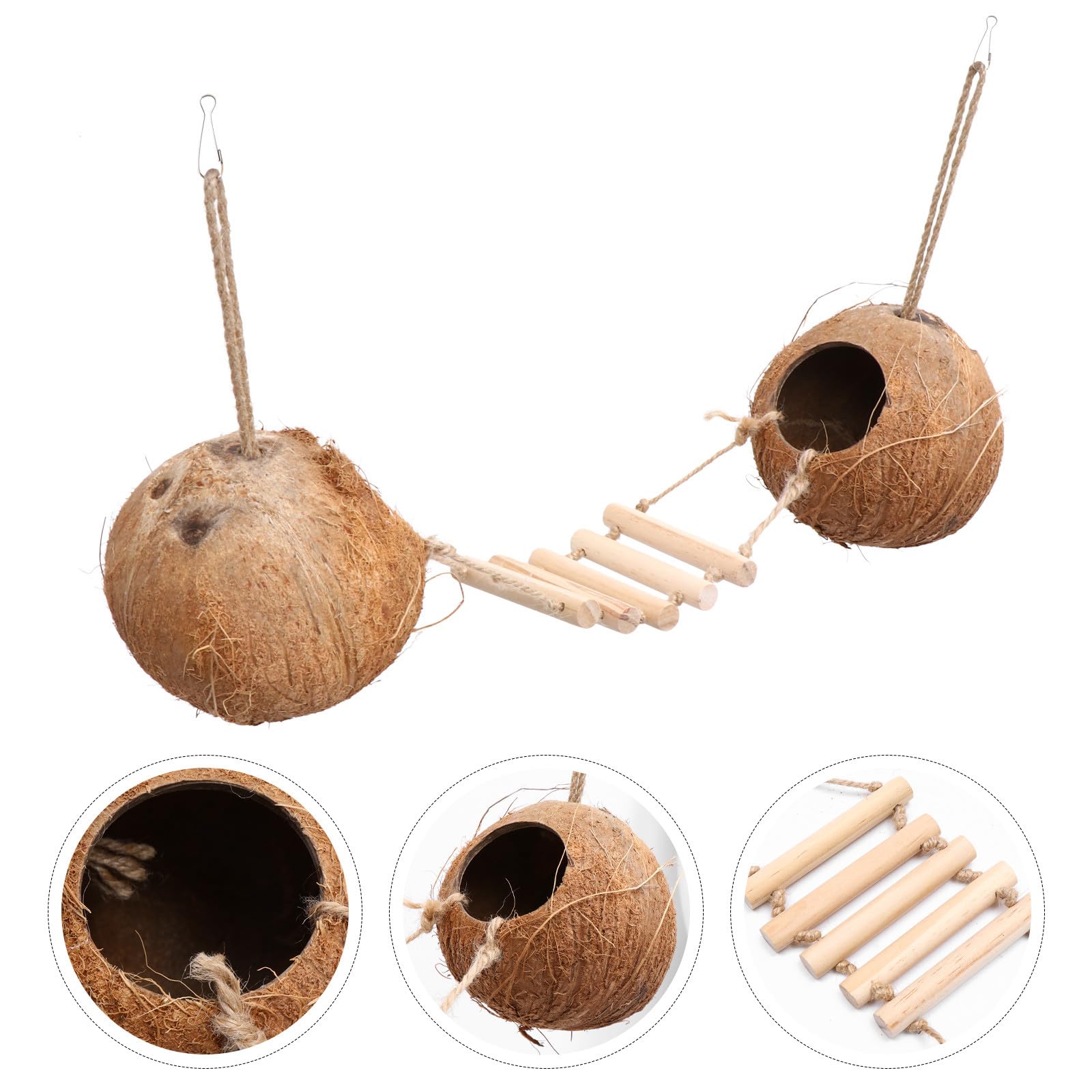 DOITOOL Vogel Kokosnussnest mit Holzleiter Naturmaterial für Kleine Vögel und Hamster Hängendes Nest für Vogelkäfig und Haustierspielzeug