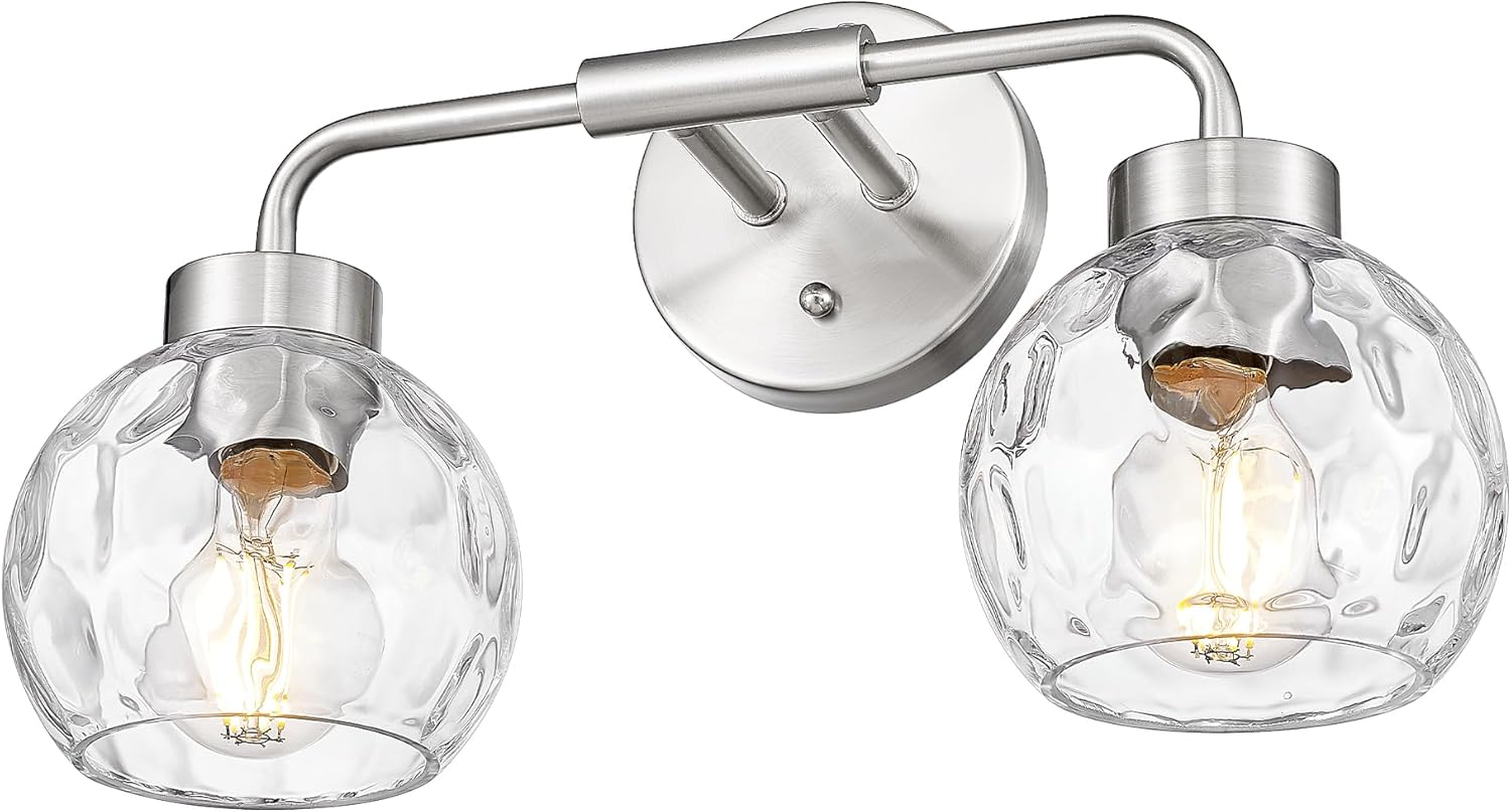 zeyu 16 Inch Bathroom Light Fixtures, 2-Light Vanity Bath Light for Mirror Bedroom, Brushed Nickel Finish with Water Ripple Globe Glass, ZS62BG-2W BN-WG