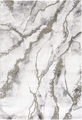 Miniatura 3 de Abani Alfombra de Área Contemporánea Gris y Dorado Metálico de 5'3"x7'6" (5x8), Alfombras Modernas Sin Pelusa con Estampado de Mármol para Comedor
