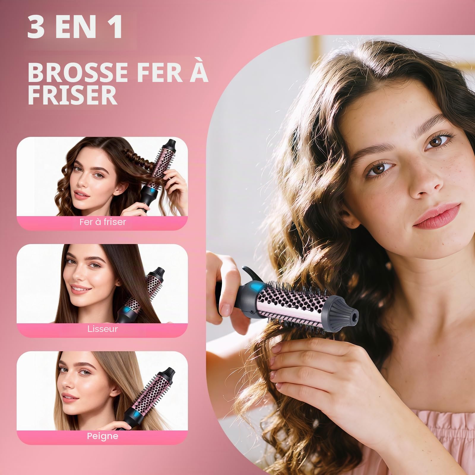Brosse Chauffante Céramique, 38 mm Thermal Brush 3 in 1, LCD 100-210 °C,Lissage, Boucles Souples, Volume, Design Ionique Anti-Frisottis,5 Réglages de Température,Chauffage Rapide (Style 1)