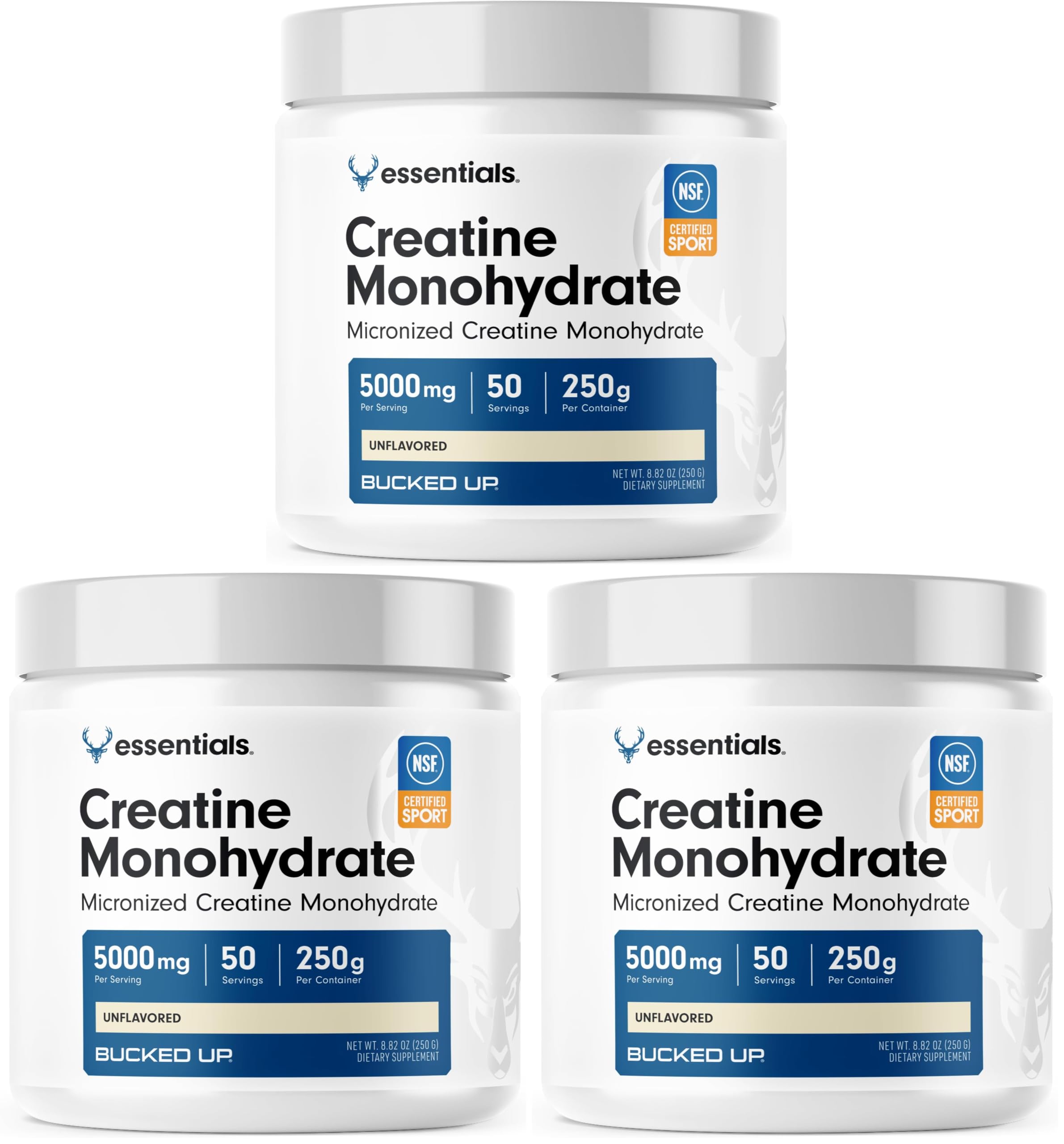 Bucked Up Pure Micronized Creatine Monohydrate for Women and Men - Easy to Mix and Unflavored - 5G Per Serving - 50 Servings - 250 Grams Per Container (Pack of 3) Unflavored 250 Gram (Pack of 3)