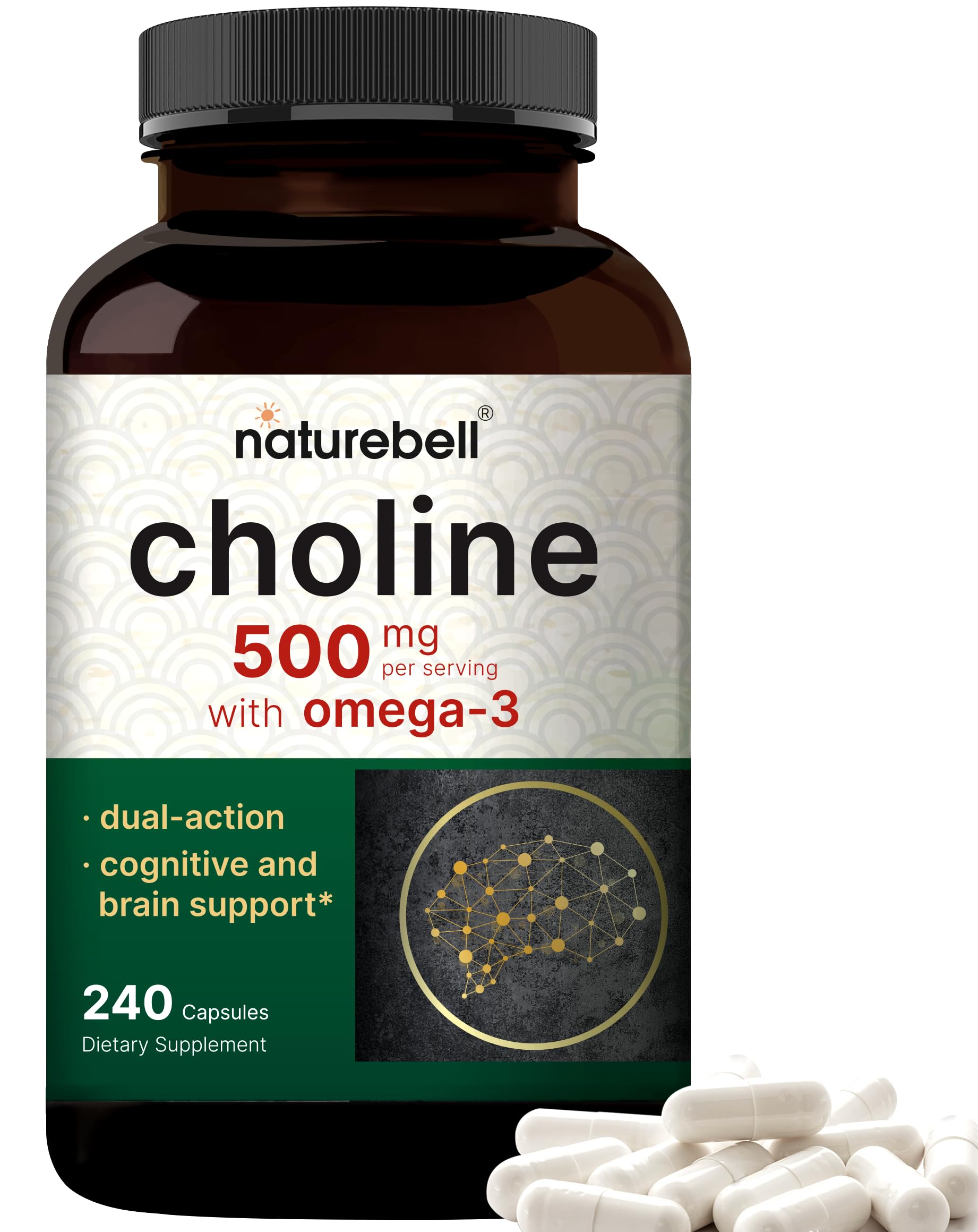 NatureBell Choline Supplements 500mg with Omega-3 Fatty Acids, 240 Capsules | High Potency Choline Bitartrate – Prenatal Support During Pregnancy – Promotes Energy, Liver, Brain, & Cognitive Health