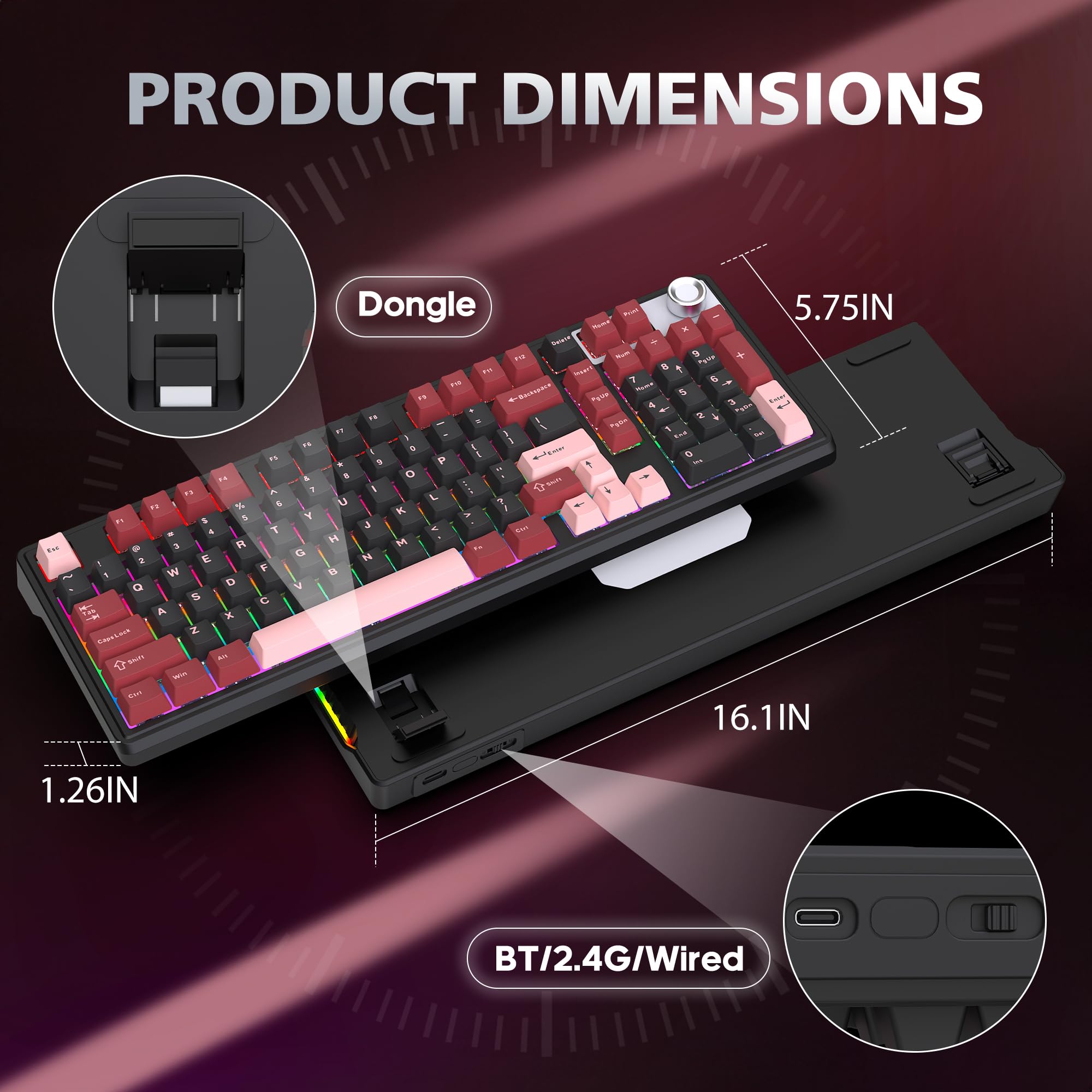 Tastiera meccanica al 98% wireless/cablata per gioco/ufficio, batteria 4000 mAh, Bluetooth 5.0/2.4G/USB-C, tasti in PBT retroilluminati RGB, compatibile con PC Mac, unghie lunghe, sensazione