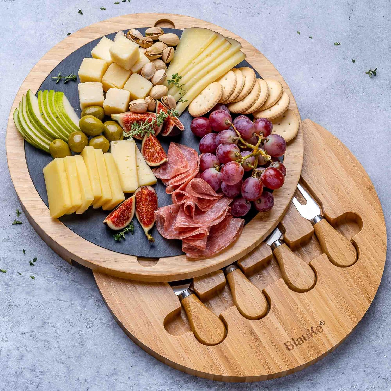 Bamboo Cheese Board with Knife Set and Slate – 12 inch Round Charcuterie Board, Serving Tray, Platter, Wood Cheeseboard Set – Gift Idea – BlauKe®