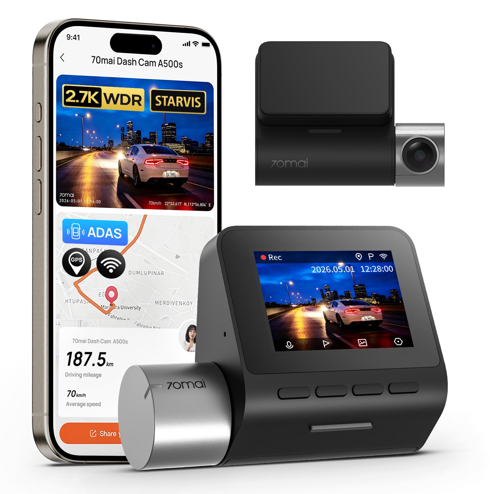 Amazon.com: 70mai 2.7K Dash Cam Front A500S, 1944P Dash Camera for