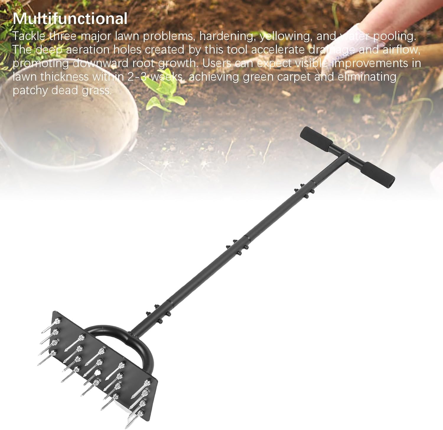 AUNMAS Lawn Aerator Tool, Metal Manual Dethatching Spike with Extended Handle Soil Grass Aerating Tool for Yard Garden Lawn Patio