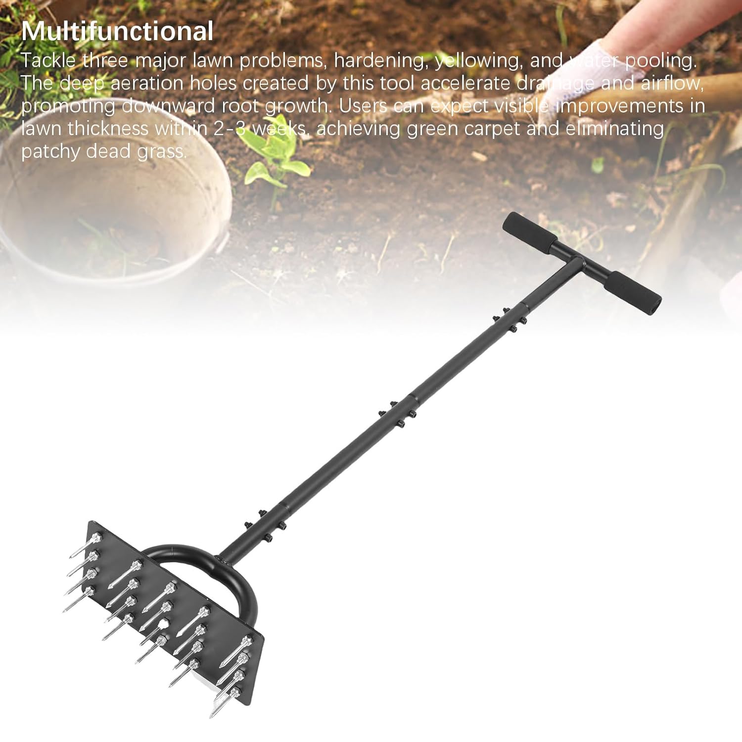 Lawn Aerator Spike, Heavy Duty Manual Aerator Tool,34.6 Inch Extended T Shaped Handle Soil Penetrator Push with 20 Spikes Manual Lawn Tool for Yard