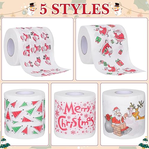 Vista 5 de COHEALI 5 rollos de papel higiénico con texto en inglés "Merry Christmas" con diseño de Papá Noel, toallas de papel desechables con diseño temático