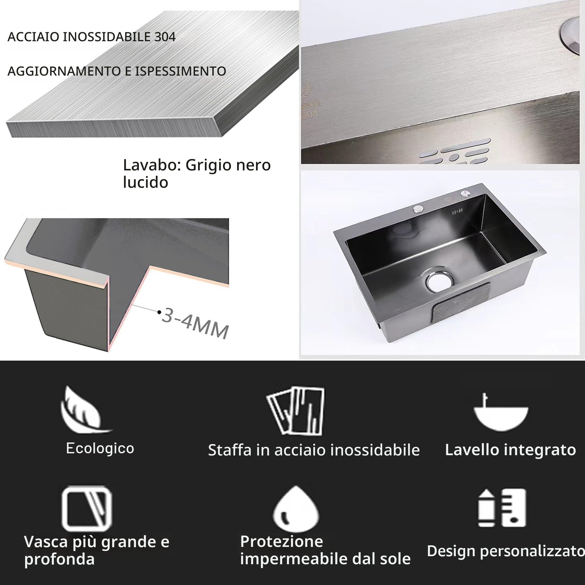 Lavello in acciaio inossidabile 304 con 1 scomparto autoportante, 68 x 45 x 85 cm lavello da ristorante commerciale con rubinetti freddi e caldi, lavabo Nero