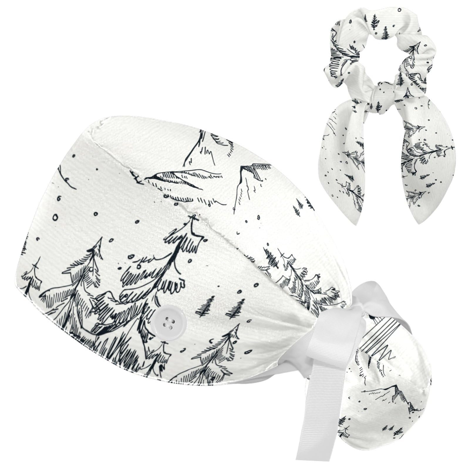Adjustable Winter Blue Snowflake Surgical Scrub Cap with Button, Ponytail Pouch, Sweatband for Women with Bow Hair Scrunchy