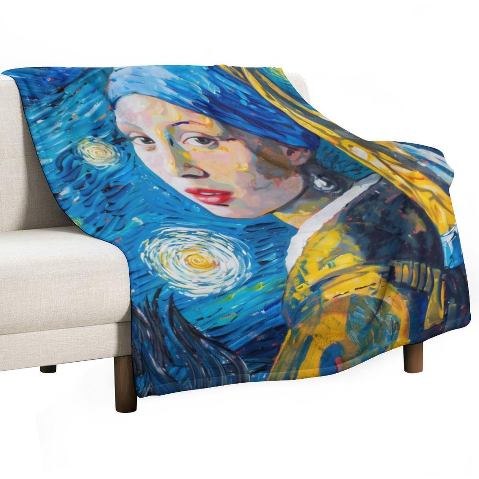 YHGSREUOH Starry Night Girl with A Pearl Earring Fusion 01 Flannel Blankets Fleece Soft Throw Lightweight Plush Gifts for Couch, Bed, Cozy Sofa Plush, Chair, Lovers 150x200cm(60x80in)