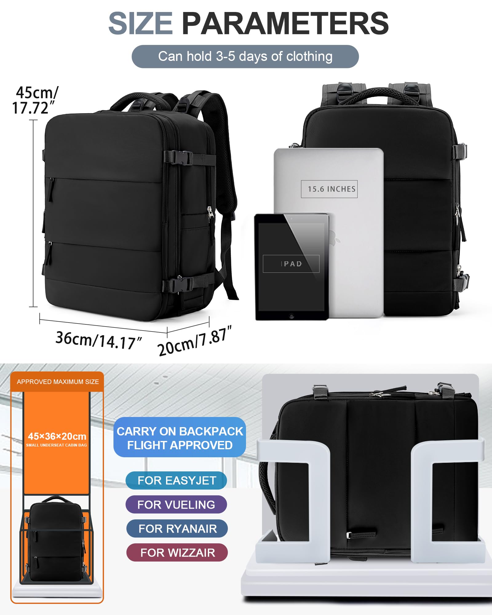 BJLFS Borse da Cabina per Ryanair 40x20x25 Bagaglio a Mano Zaino Borsa Zaino da Viaggio, Zaino da trekking,Zaino Easyjet 45x36x20,Zaino Casual per laptop da 14 pollici per scuola