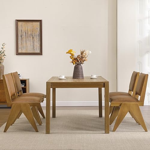 Miniatura 8 de VESCASA Sillas de comedor tapizadas con patas de madera marrón claro, de piel sintética, modernas de mediados de siglo, acolchadas de poliuretano