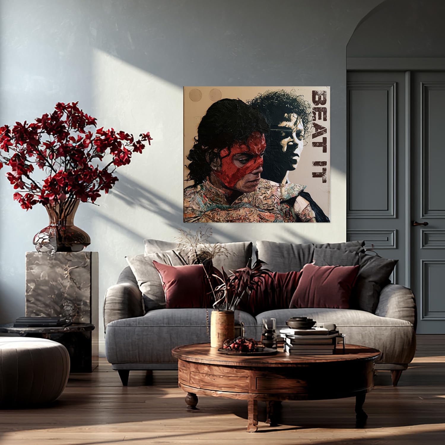 Michael Pop Art Impression sur toile « Beat It » - Musique moderne - Style street art et pastel - Poster cool King of Pop avec masque rouge - Décoration pour salon, salle de musique et studio - 80 x