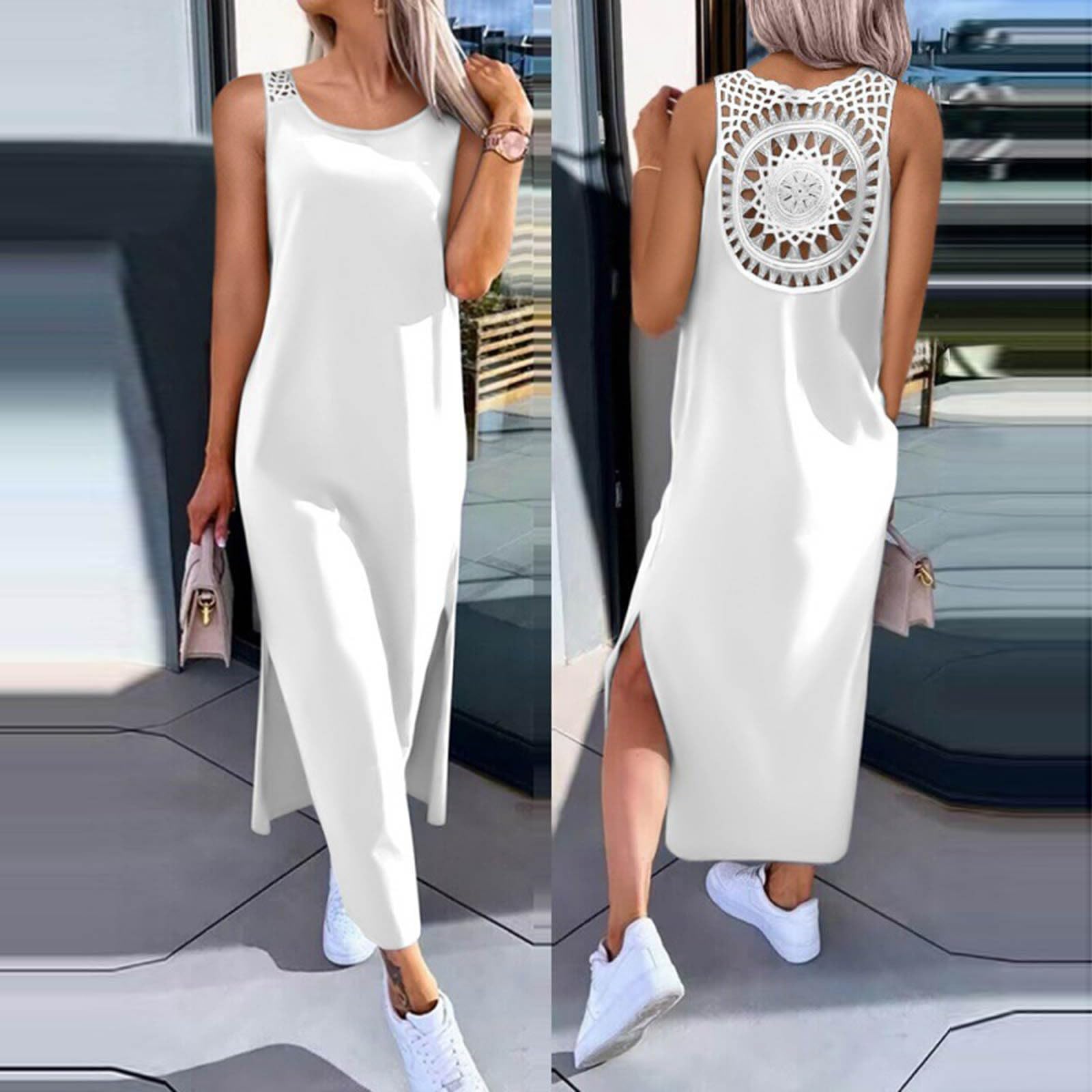 Vestido De Verano for Mujer Largo Vestidos Largos Sueltos Ocasionales Traje Playa 2026 for Resort Sin Mangas Ahueca hacia Fuera El Tiras con Abertura Lateral Encaje, Menta