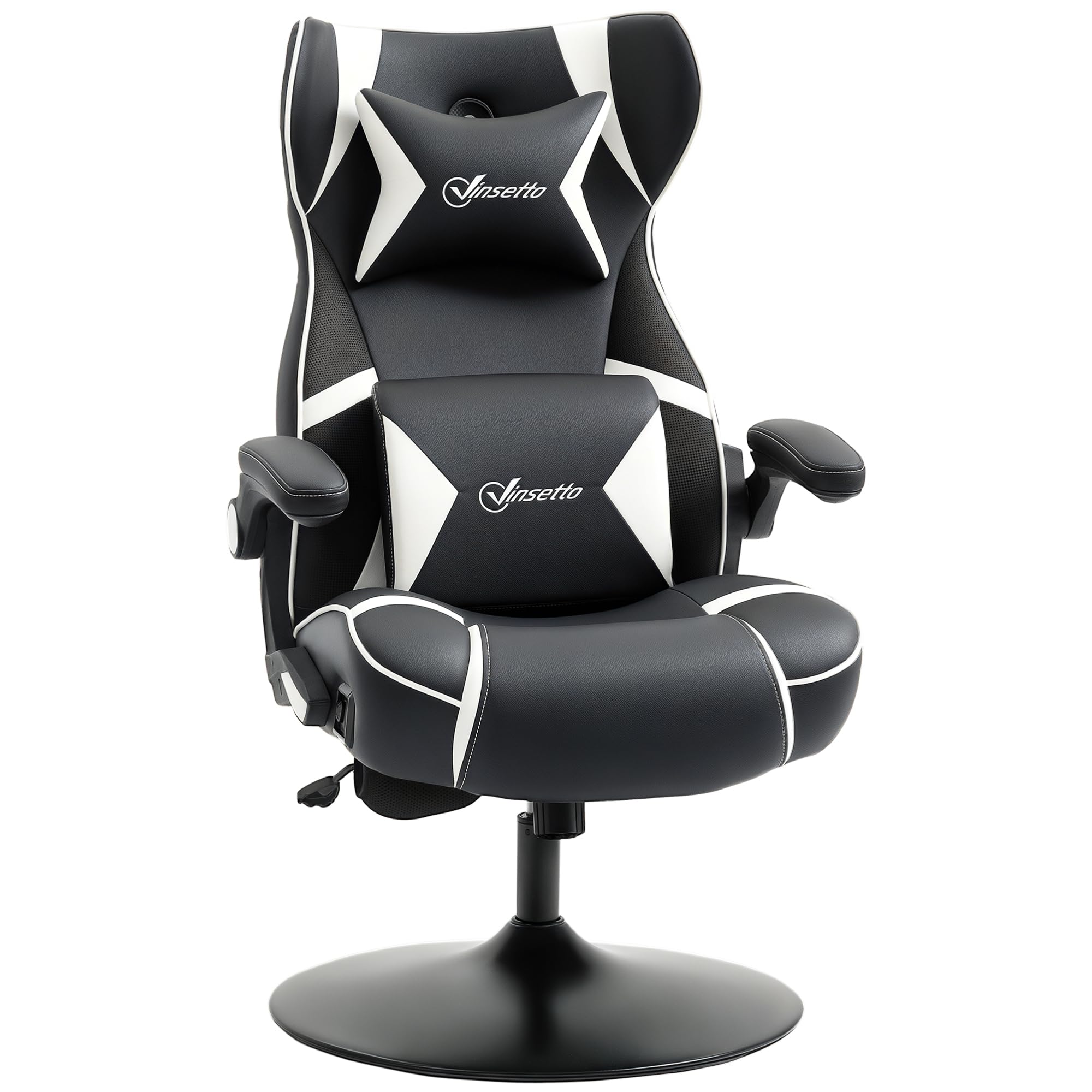 Vinsetto Sedia da gioco con funzione basculante, sedia da ufficio regolabile in altezza, sedia ergonomica per computer con altoparlante, supporto lombare e collo per sala giochi, ecopelle bianco+nero
