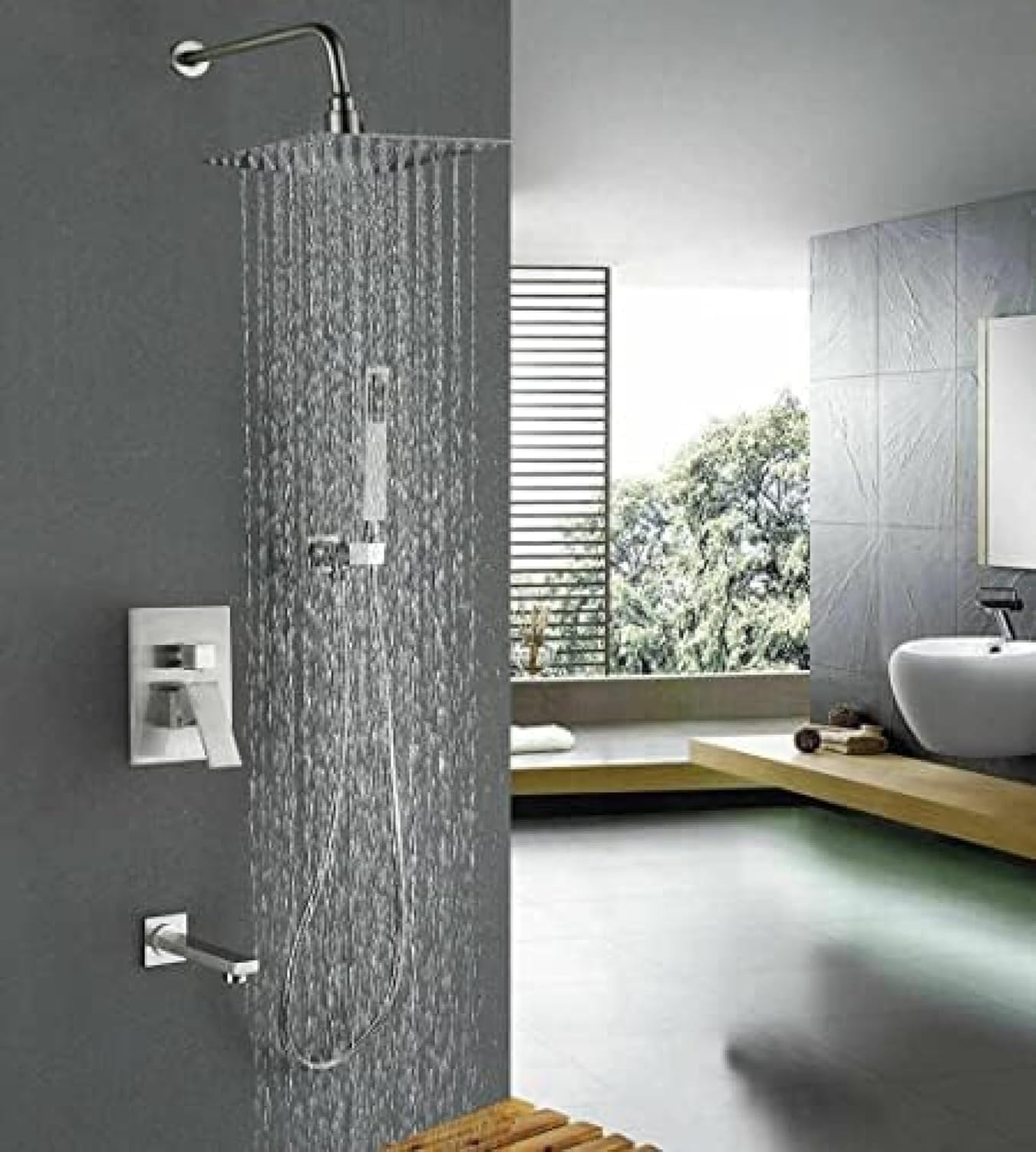 Wall Mounted 10 Inch Rainfall Shower Faucet Set Combination Brushed Nickel Bathtub Nozzle with Valve