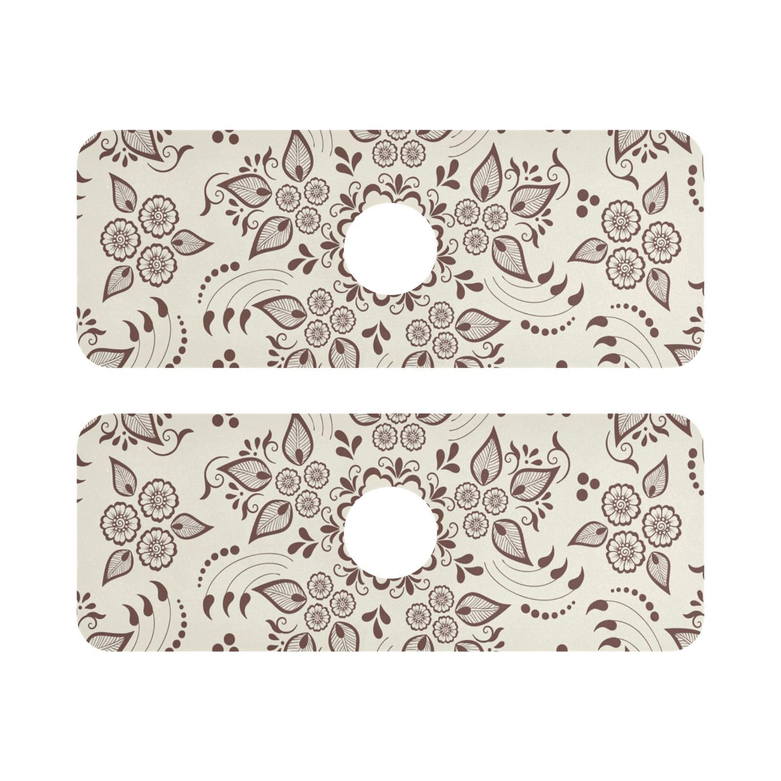 Kitchen Faucet Absorbing Mat Sink Splash Guard Behind Faucet Drip Catcher Trimmable for Bathroom RV Bar 14.7x5.4in 2PCS Arabesque Retro Floral Beige