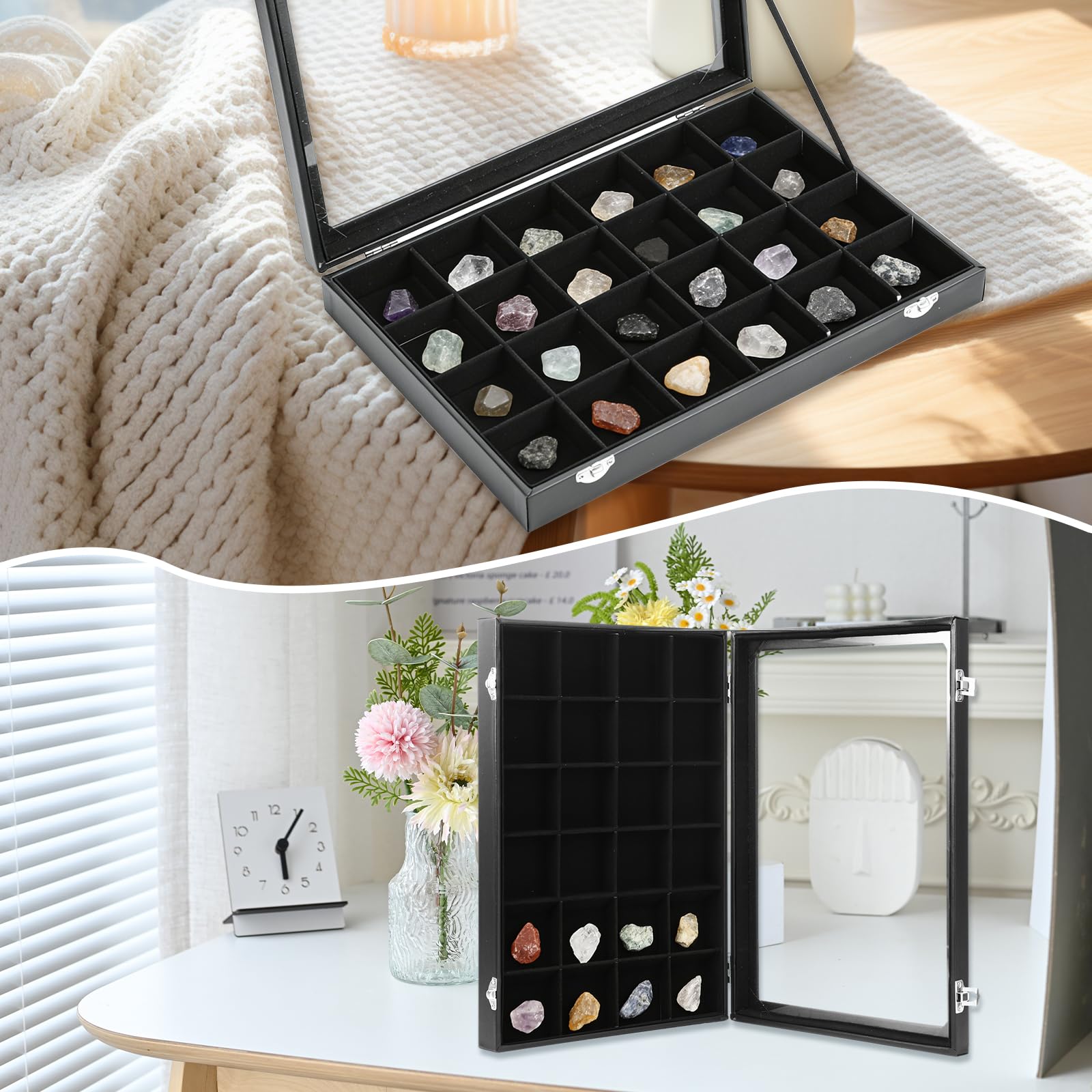 Acrux7 Paquete de 2 vitrinas de la colección Rock, vitrina de 24 rejillas de roca, caja de colección de rocas de piel sintética negra con tapa de vidrio transparente y rejillas de terciopelo suave