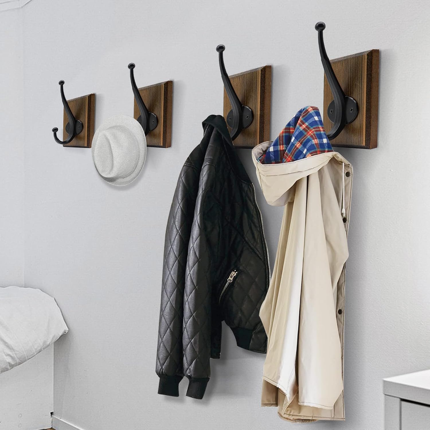 Towel Hooks for Bathroom Wall Mounted, 2 Pack Farmhouse Rustic Wall Hooks for Hanging Robe Hat Keys, Heavy Duty Wood Black Coat Hooks for Kitchen Bedroom Decorative (Weathered Brown) image 2