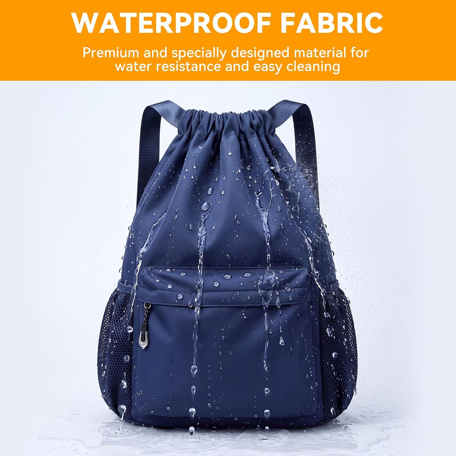 Sports Drawstring Backpack, Waterproof Gym Bag with Water Bottle Pocket for Women Men, Lightweight Pull String Sport Bag for Basketball, Swim, Soccer, Beach Cinch Sack, Navy Blue image 5