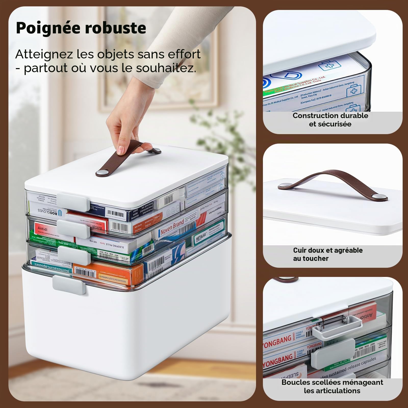 IMHO Boîte de Rangement à 4 étages pour médicaments, Organiseur Portable avec poignée en Cuir, étui de Rangement Vide pour la Maison, Les Loisirs, Les Accessoires de Couture et Les Fournitures