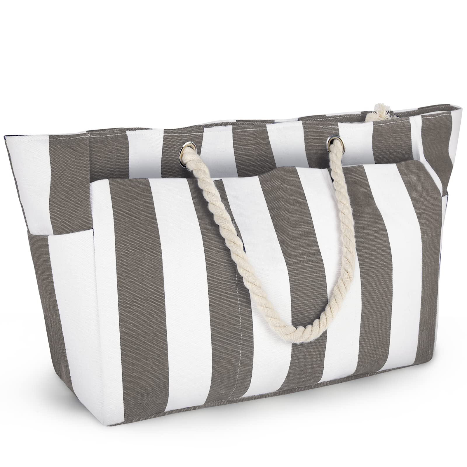 Lubardy Bolsa Playa Grande XXL Familiar Bolso de Playa Mujer Impermeable Lienzo con Cremallera Bolso Shopper Mujer Sencillo, Rayas Grises y Blancas