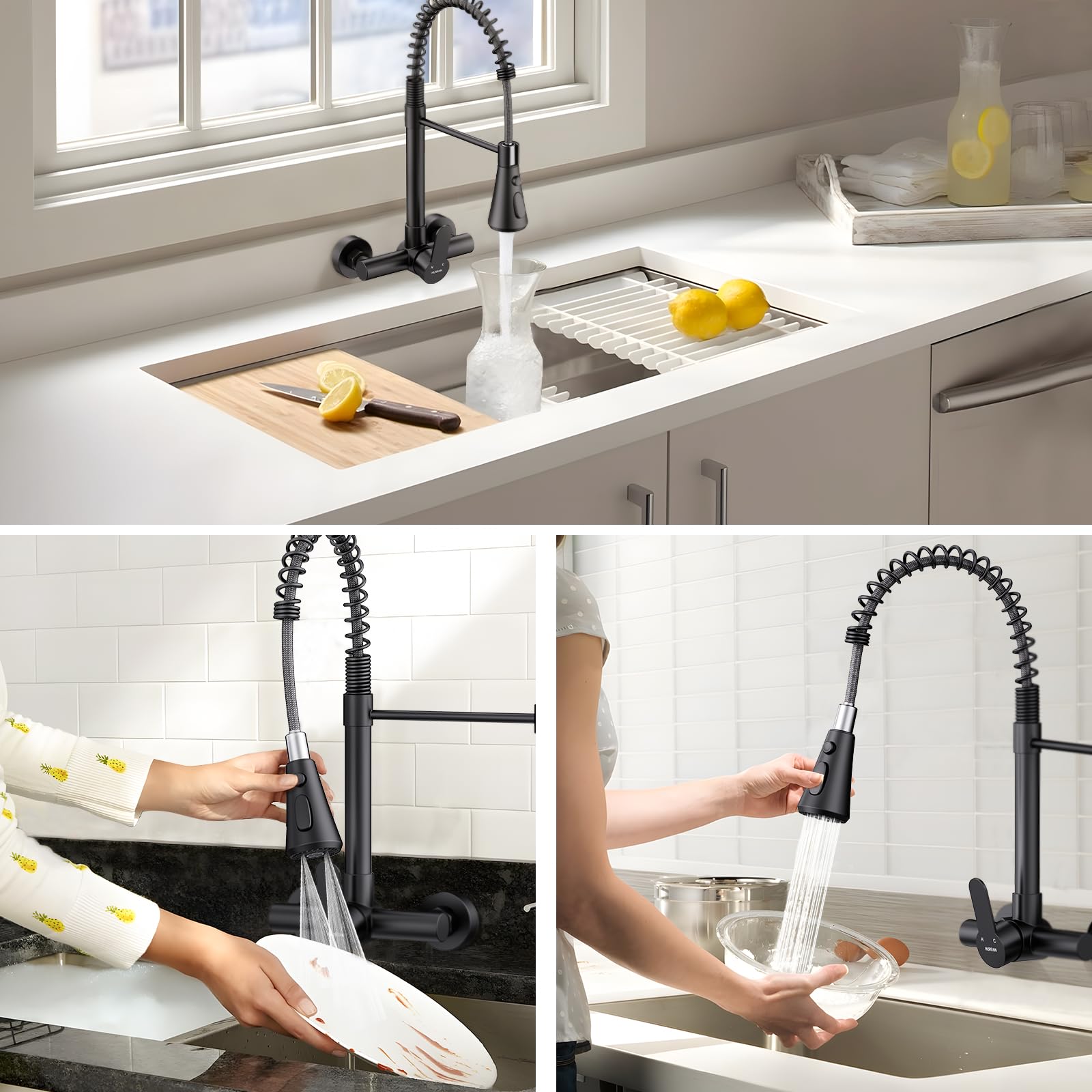 HURRAN Grifo Mural de Cocina, Grifo de Cocina con 3 Modos de Salida, Grifo Monomando Giratorio 360° de Acero Inoxidable, Negro Mate