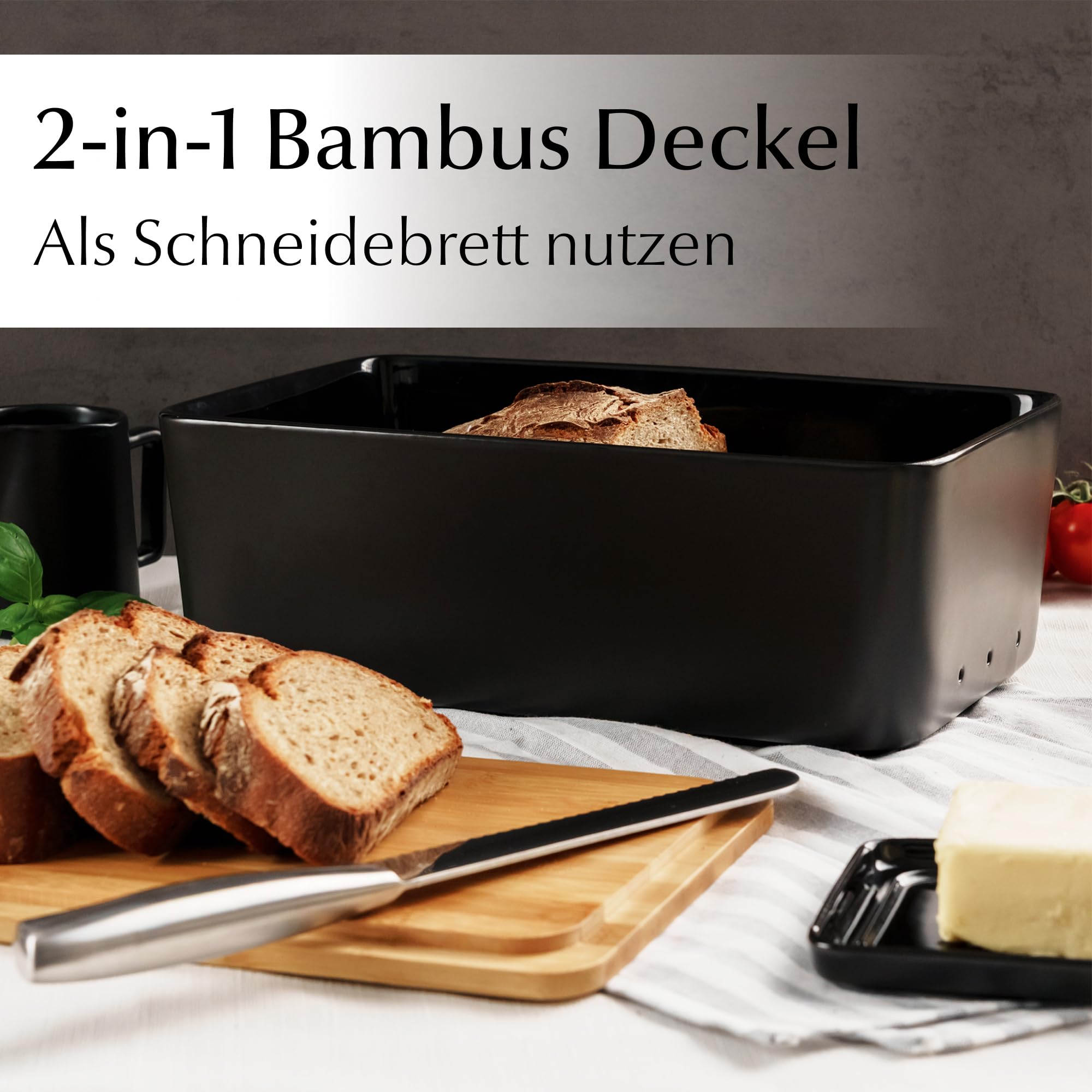 MIAMIO - Brotbox/Brotaufbewahrung/Brotkasten Keramik mit Deckel (Schwarz) | Brot Kasten mit Bambus-Deckel & Schneidebrett, Keramik Brotkasten / Brotdose, Moderne Brotaufbewahrung mit Stofftasche