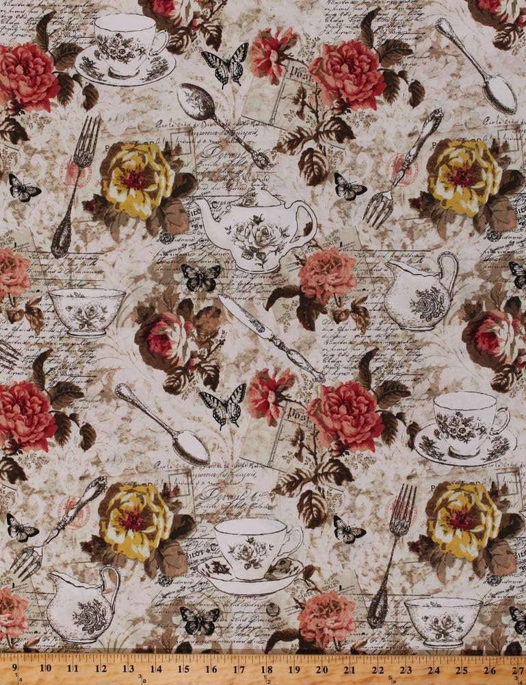 Cotton Teacups Floral Teapots Roses Teaware Butterflies French Script Afternoon Tea Teatime Vintage Tea Party Fancy Cotton Fabric Print by The Yard (D779.63)