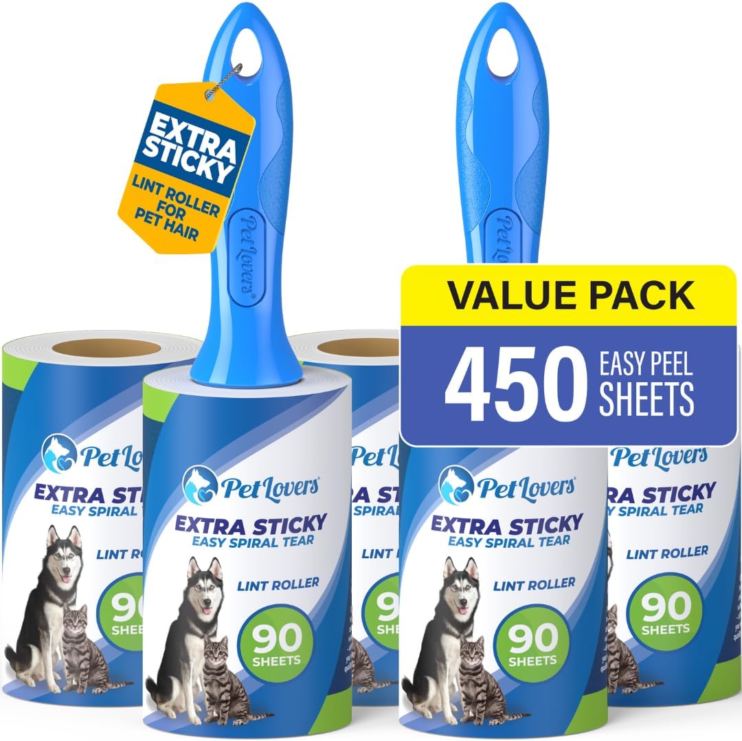 PetLovers Extra Sticky Lint Roller Mega Value Set 450 Sheets for Pet Hair Removal
