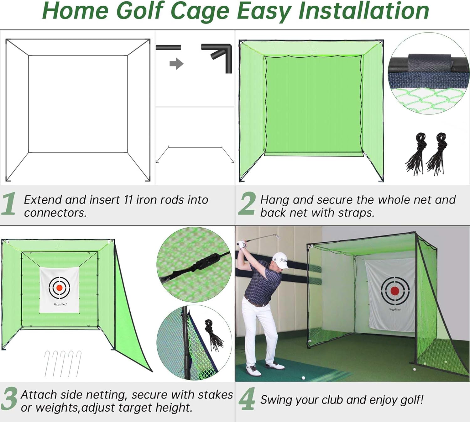 Gagalileo Golf Driving Cage Net: Heavy Duty 1 in Steel Frame - Noise Reduction Target for Backyard Garage Indoor Simulator - 7x7x7 FT High Density Hitting Swing Practice