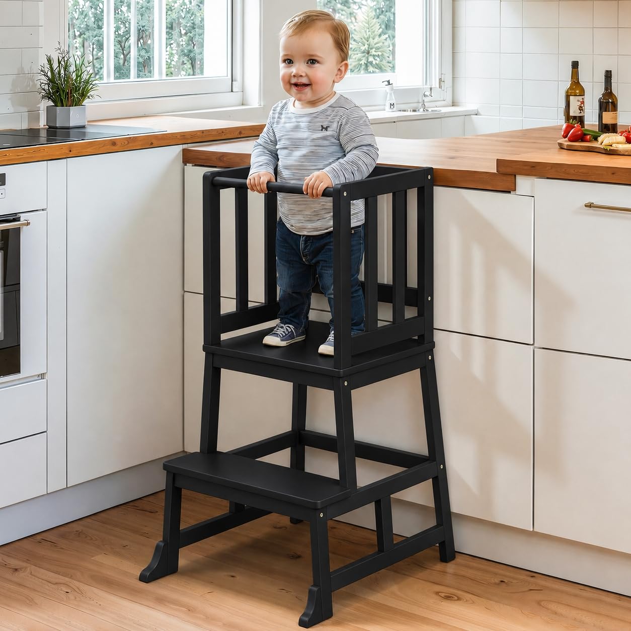 COSYLAND Nursery Step Stool for Kids - Toddler Standing Tower for Kitchen Counter - A Shaped Anti-tip Structure (Black)