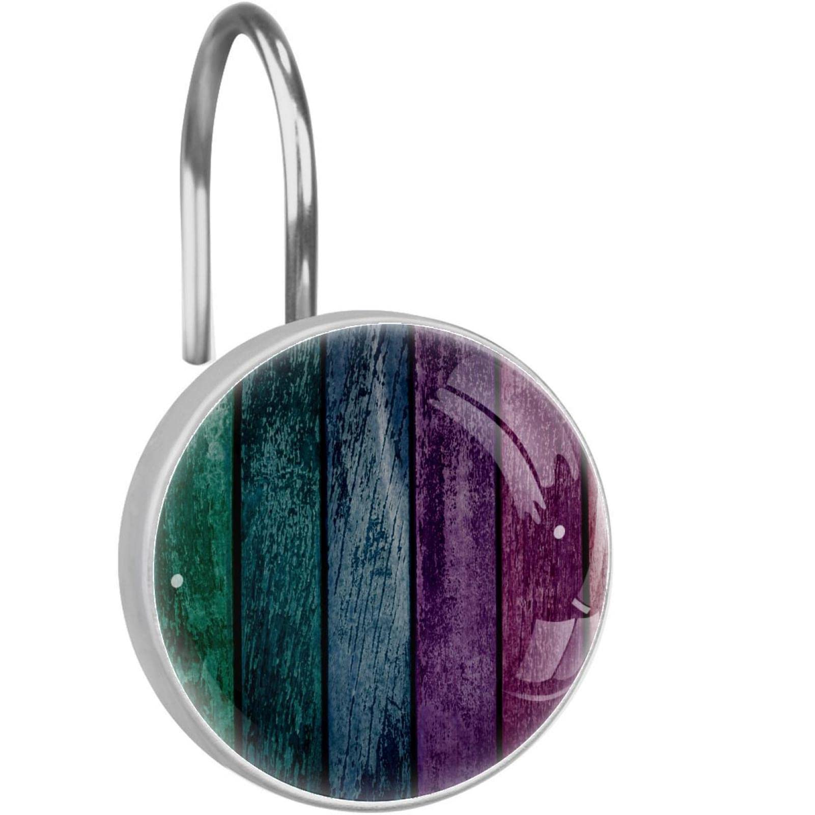Crochets rideau de douche inox avec anneaux tringle salle de bain motif bois coloré