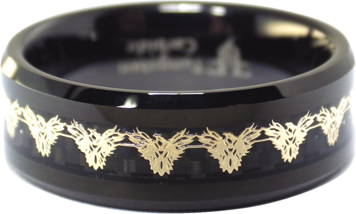 Fantasy Forge Jewelry Black Tungsten Gold Phoenix Ring 8mm Mens Womens Bird of Fire Wedding Band Sizes 5-17