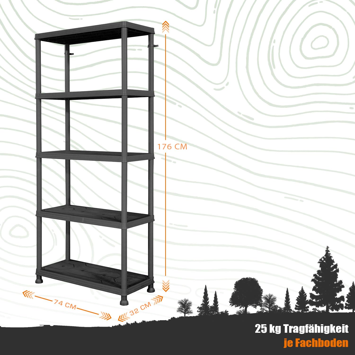 2er-Set Steckregal Kunststoff Keller Regal für Abstellraum & Vorratsregal Küche 176cm Hoch Kunststoffregal zum Stecken 5 Böden Kellerregal Schmal in Schwarz (2, 5 Böden)