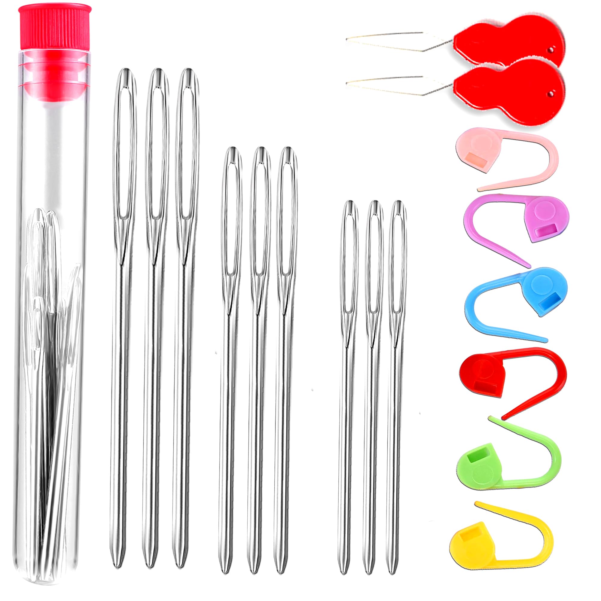 17 Pcs Sewing Knitting Kits, 9 Pcs Large-Eye Blunt Yarn Needles, 2 Pcs Needle Threader, 6 Pcs Colorful Knitting Crochet Locking Counter Stitch Needle, Suitable for Crochet Project-image-30