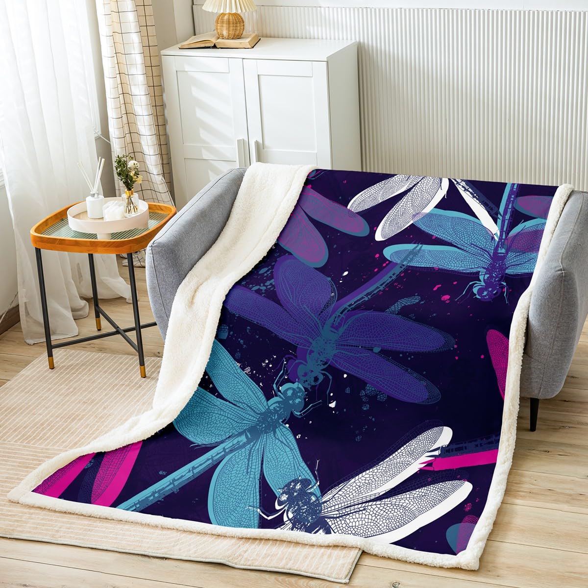Erosebridal Dragonfly Throw Blanket Exotic Fleece Blanket Aesthetic Animal Bed Blanket Cute Dragonfly Hand Drawn Blanket Kids Child Rustic Purple Blue Teal Bedroom Decor 60