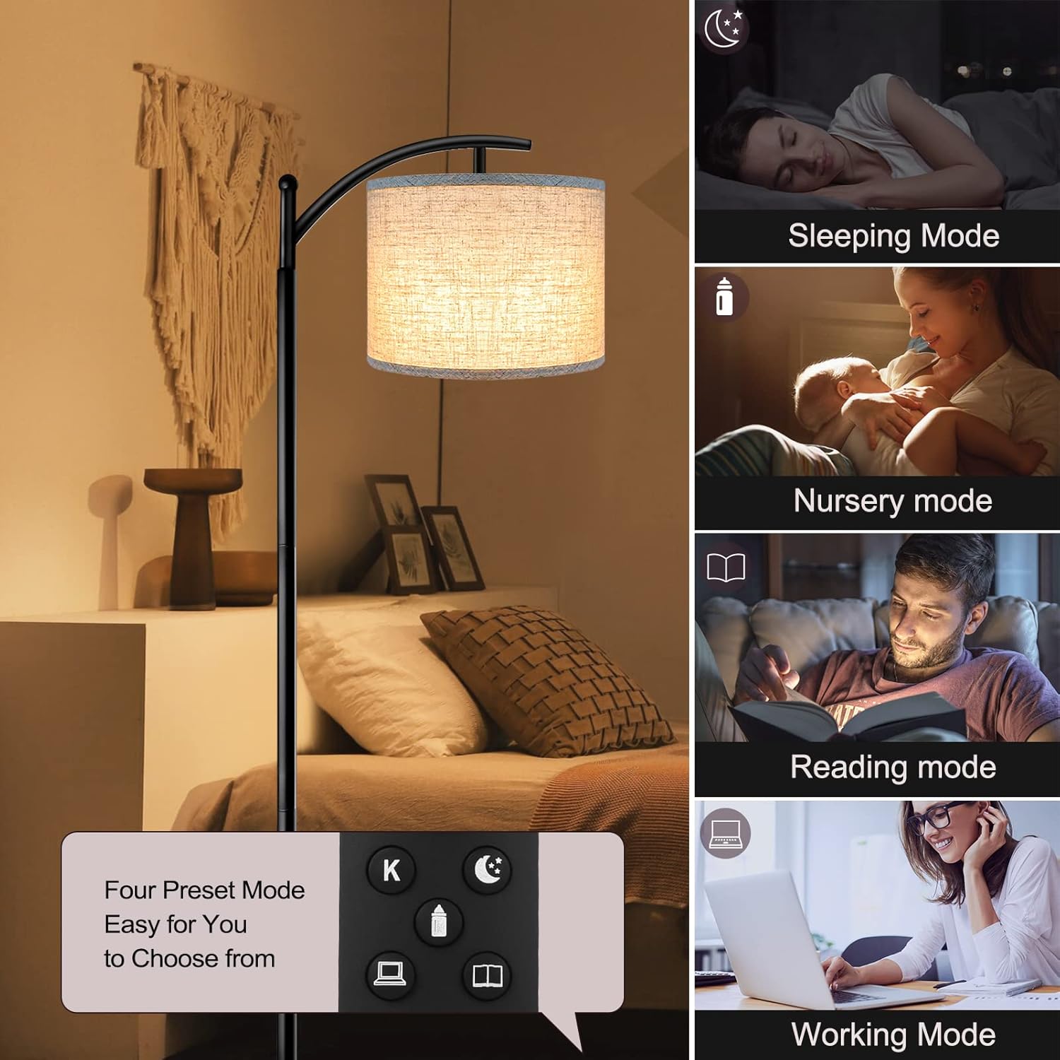 Image showing the four preset lighting modes: Sleeping, Nursery, Reading, and Working, with corresponding icons on the remote control.