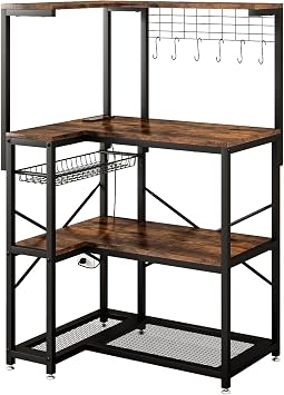 4-Tier L-Shaped Bakers Rack with Power Outlet, Corner Coffee Bar, Brown | Kitchen Appliance Storage, Pull Out Basket, 6 Hooks and Flexible Installation Options for Kitchen, Balcony, Living Room