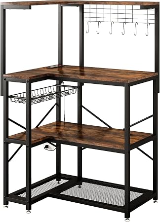 L-Shaped Bakers Rack with Power Outlet,4-Tier Corner Microwave Stand with
