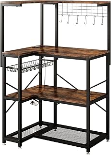 4-Tier L-Shaped Baker's Rack with Power Outlet, Corner Coffee Bar, Brown | Kitchen Appliance Storage, Pull Out Basket, 6 Hooks and Flexible Installation Options for Kitchen, Balcony, Living Room