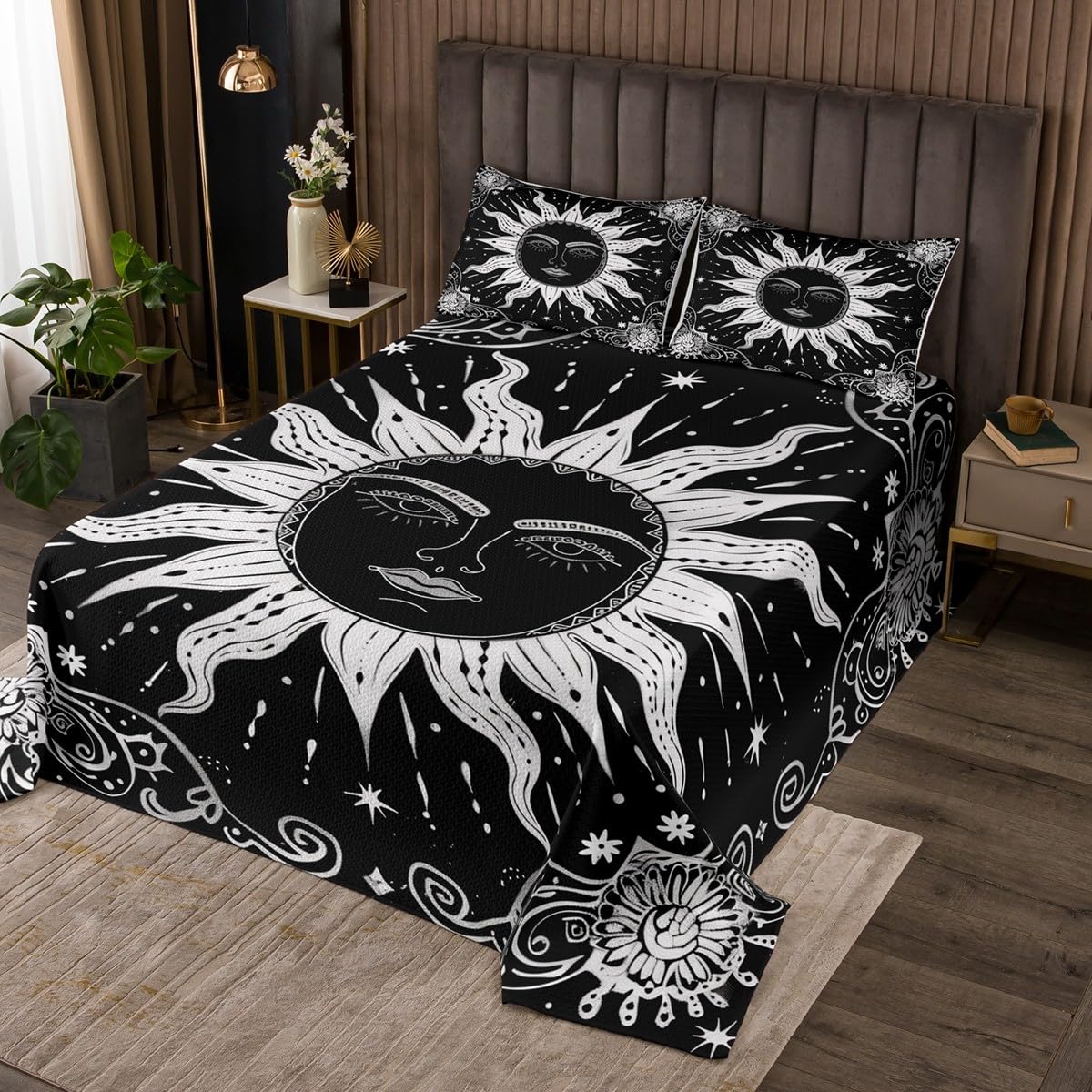 jejeloiu Boys Girls Sun Moon Quilted Coverlet Queen Size, Galaxy Coverlet Set Cosmic Celestial Bedspread Kids Teens Bedroom Decor 3Pcs