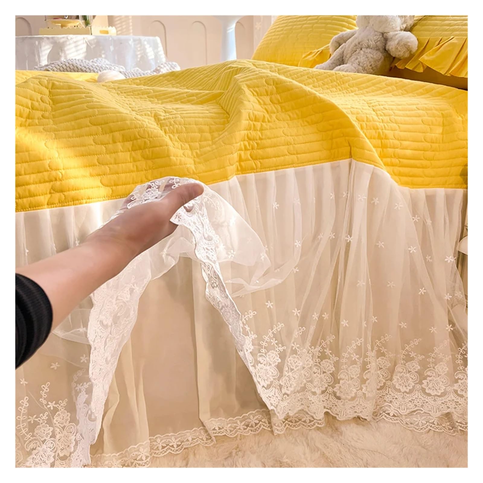 Quilted Cotton Flowers Lace Bed Skirt, Bedspread, Bed Sheet, Bed Cover, Pillowcases, 2/3Pcs Wedding Bedding Set(6,150X200cm 3pcs)