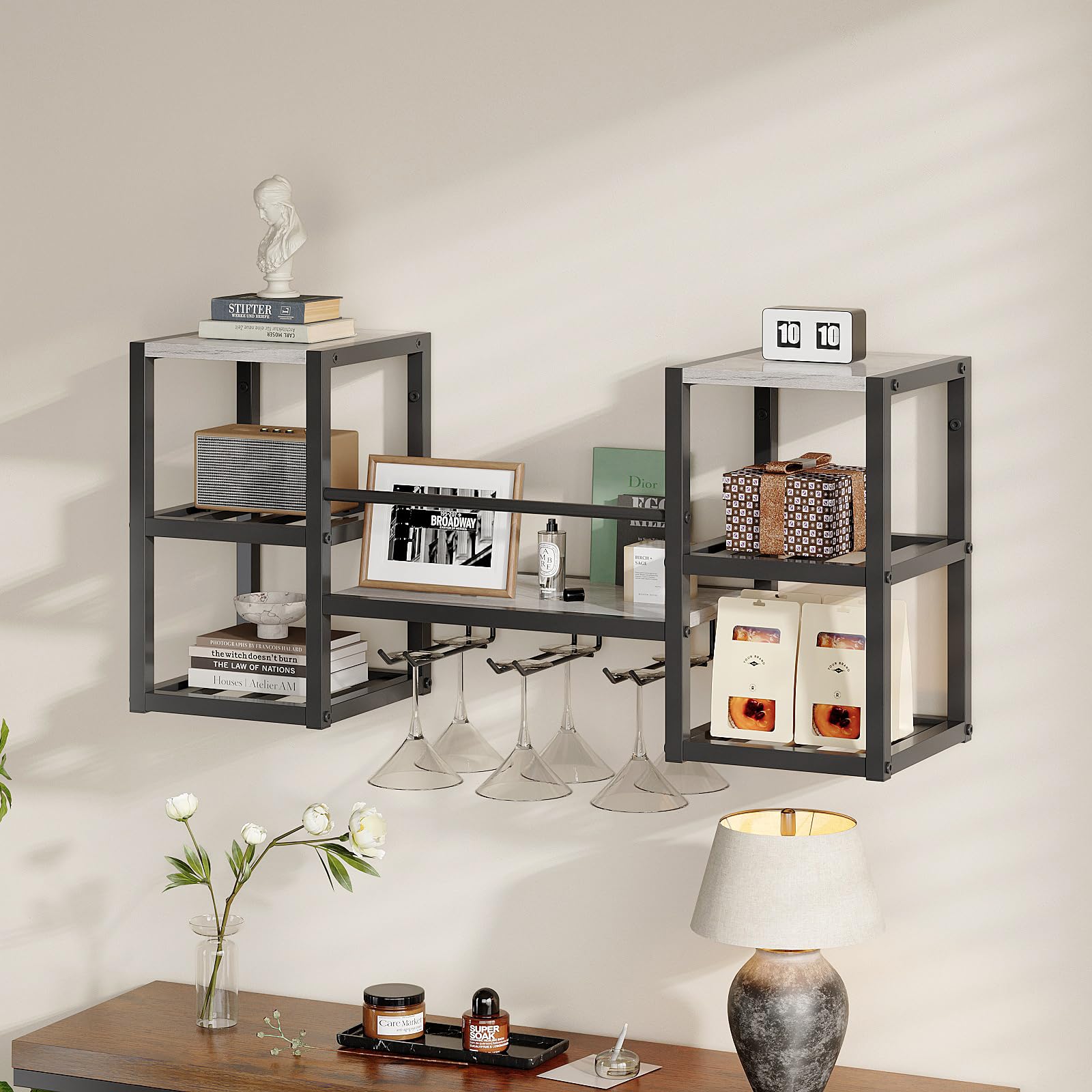 VEDECASA Portabottiglie a Parete, 3 Livelli Portabottiglie a Parete con 6 Supporti per Bicchieri, Supporto per Espositore di Vino a Parete, Portabottiglie Multifunzionale a Parete per Bar, Cucina