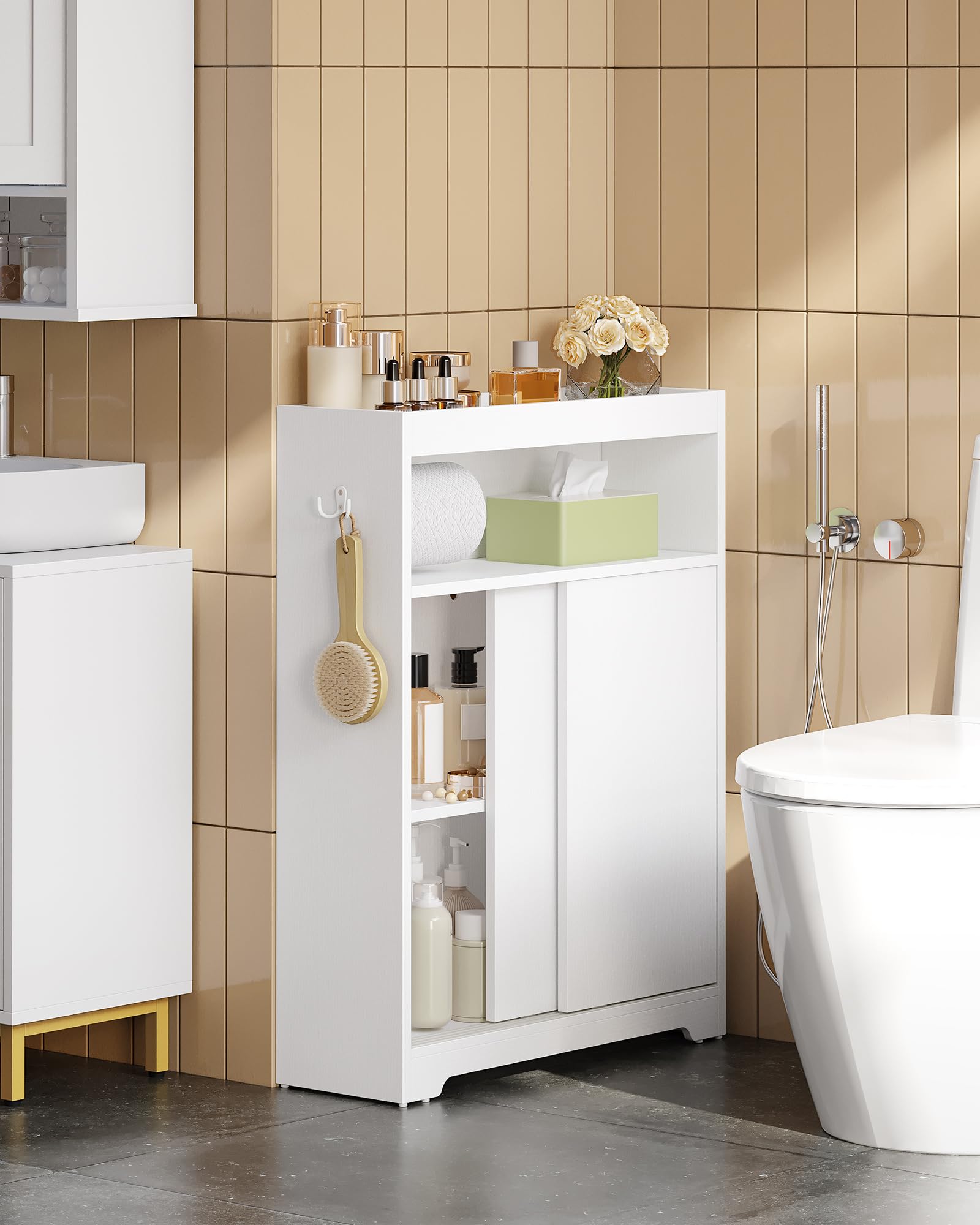 Hzuaneri Meuble de Salle de Bain, Meuble Toilette avec Rangement Papier Toilette et Crochets, Portes Coulissantes, Étagère Réglable, 20 x 60 x 80 cm, Blanc BC62813X