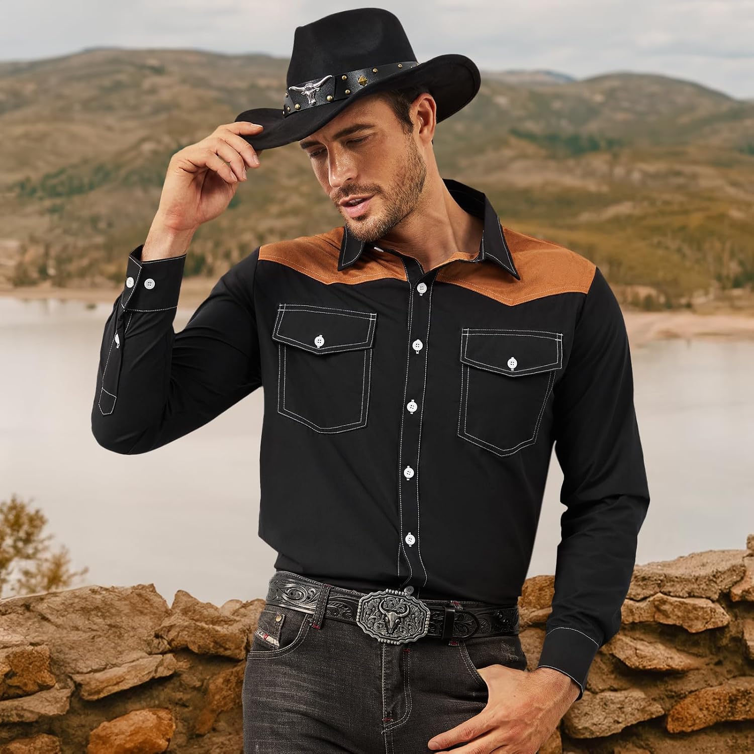 Cowboy Shirts for Men Western Casual Work Long Sleeve Plaid Button Down Shirts Vintage Country Style Slim Fit Top - Image 2