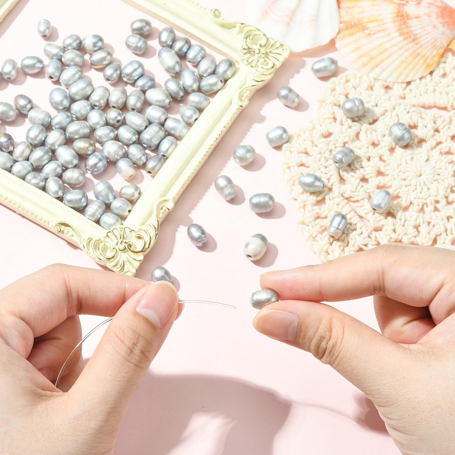 Ipotkitt 100 Pcs Gray 7-10mm Natural Cultured Freshwater Pearl Beads 1.8mm Large Hole Pearl Beads Oval Shaped Rice Loose Beads for Jewelry Making